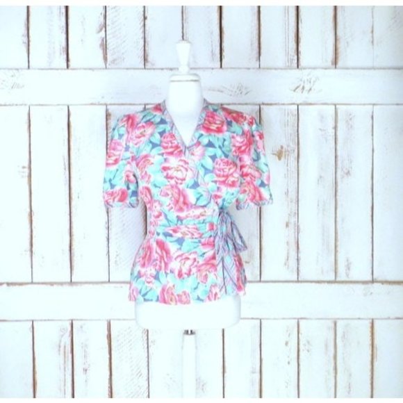 Tops - Vintage pink and blue floral silk short sleeve wrap blouse